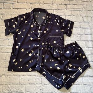 Star and Moon Satin Pajama Set Blue & White Size XL NWOT